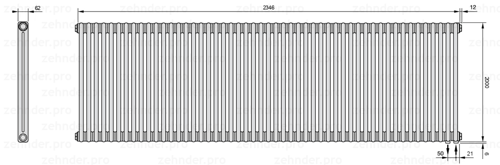 Схема (чертеж) Радиатор Zehnder Charleston 2200/51 №5510 Белый глянцевый RAL 9016